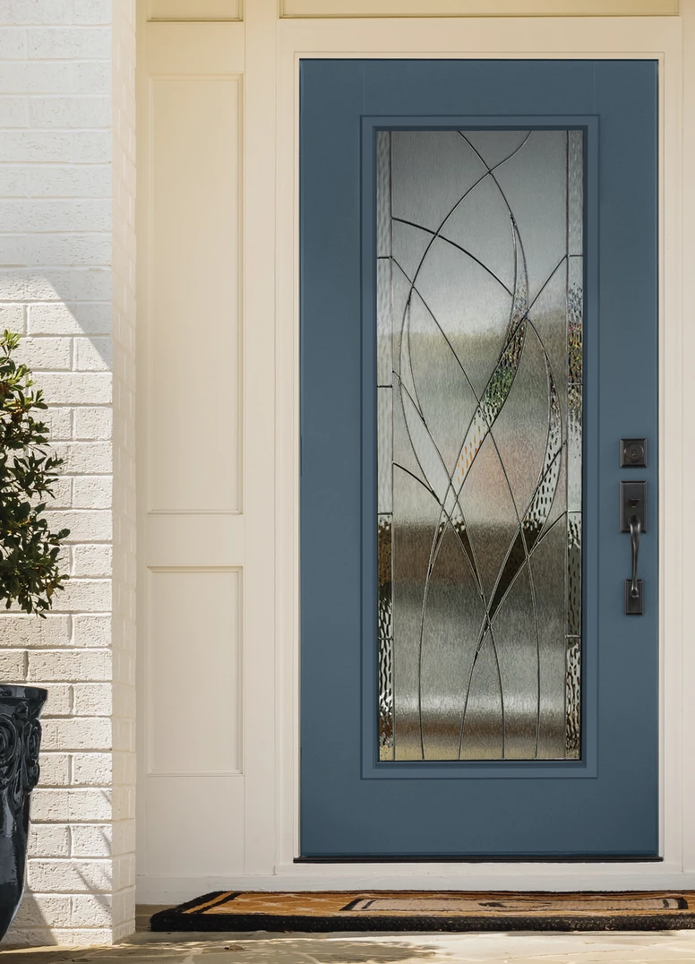 FULL LITE DOOR IN SMOOTH / Colonial blue WITH WATERSIDE GLASS AND BLACK CHROME CAMING. ADDISON HANDLESET AND DEADBOLT IN BLACK. FULL LITE DOOR IN SMOOTH / Colonial blue WITH WATERSIDE GLASS AND BLACK CHROME CAMING. ADDISON HANDLESET AND DEADBOLT IN BLACK.