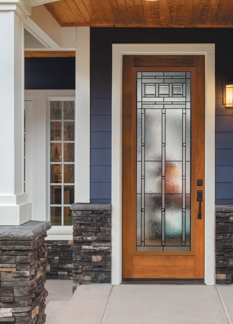 FULL LITE OAK GRAIN / OAK STAIN DOOR WITH VINTAGE CRAFTSMAN GLASS. CENTURY HANDLESET AND DEADBOLT IN BLACK. FULL LITE OAK GRAIN / OAK STAIN DOOR WITH VINTAGE CRAFTSMAN GLASS. CENTURY HANDLESET AND DEADBOLT IN BLACK.