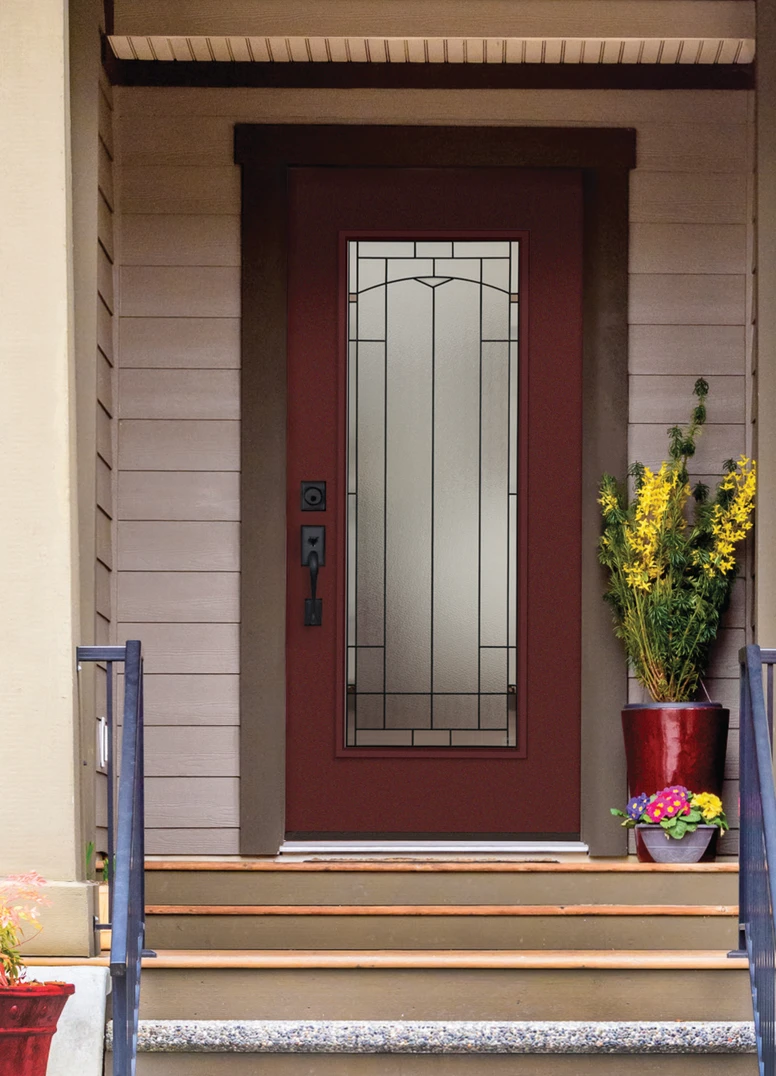FULL LITE DOOR IN OAK GRAIN / NATURAL OAK with topaz glass. GEORGIAN KNOB AND DEADBOLT IN SATIN NICKEL. FULL LITE DOOR IN OAK GRAIN / NATURAL OAK with topaz glass. GEORGIAN KNOB AND DEADBOLT IN SATIN NICKEL.