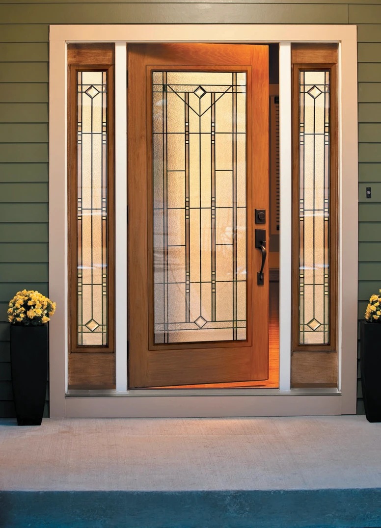 Full lite door and full sidelites in oak grain / NATURAL OAK stain with RIVERWOOD glass. ADDISON handleset and deadbolt in BLACK. Full lite door and full sidelites in oak grain / NATURAL OAK stain with RIVERWOOD glass. ADDISON handleset and deadbolt in BLACK.