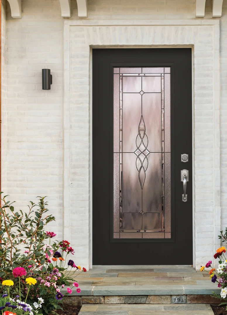 FULL LITE DOOR in BLACK WITH prestige GLASS. camelot HANDLESET AND DEADBOLT IN satin nickel. FULL LITE DOOR in BLACK WITH prestige GLASS. camelot HANDLESET AND DEADBOLT IN satin nickel.
