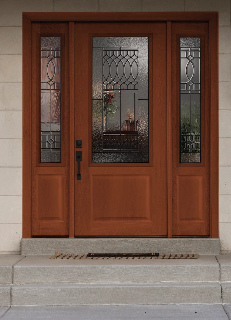 1 PANEL 3/4 LITE DOOR AND 3/4 SIDELITES IN OAK GRAIN / cedar WITH paris GLASS. century HANDLESET AND DEADBOLT IN black. 1 PANEL 3/4 LITE DOOR AND 3/4 SIDELITES IN OAK GRAIN / cedar WITH paris GLASS. century HANDLESET AND DEADBOLT IN black.