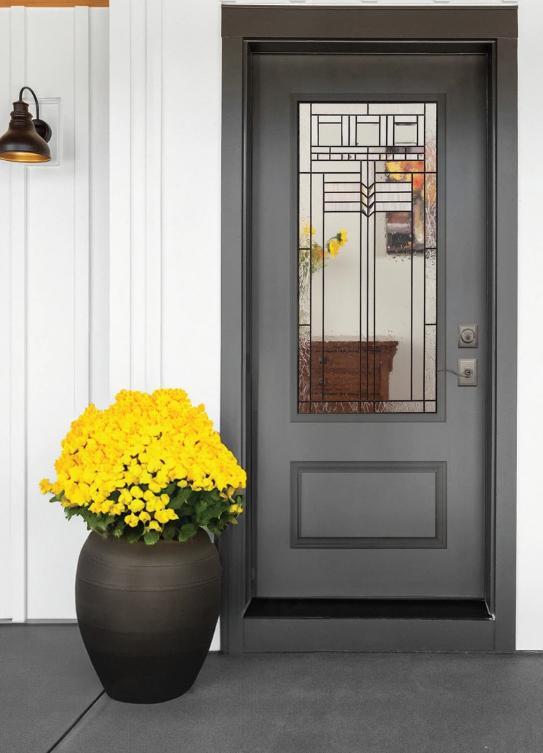1 PANEL 3/4 LITE DOOR in SMOOTH / CUSTOM GRAY WITH OAK PARK GLASS. ADDISON LEVER AND DEADBOLT IN SATIN NICKEL. 1 PANEL 3/4 LITE DOOR in SMOOTH / CUSTOM GRAY WITH OAK PARK GLASS. ADDISON LEVER AND DEADBOLT IN SATIN NICKEL.