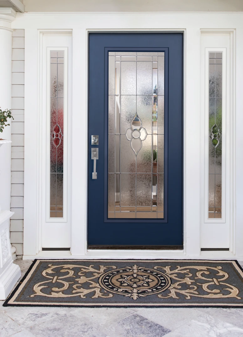 FULL LITE DOOR IN SMOOTH / ENZIAN BLUE FINISH AND FULL LITE SIDELITES IN WHITE WITH NOUVEAU GLASS. CENTURY HANDLESET AND DEADBOLT IN SATIN NICKEL. FULL LITE DOOR IN SMOOTH / ENZIAN BLUE FINISH AND FULL LITE SIDELITES IN WHITE WITH NOUVEAU GLASS. CENTURY HANDLESET AND DEADBOLT IN SATIN NICKEL.