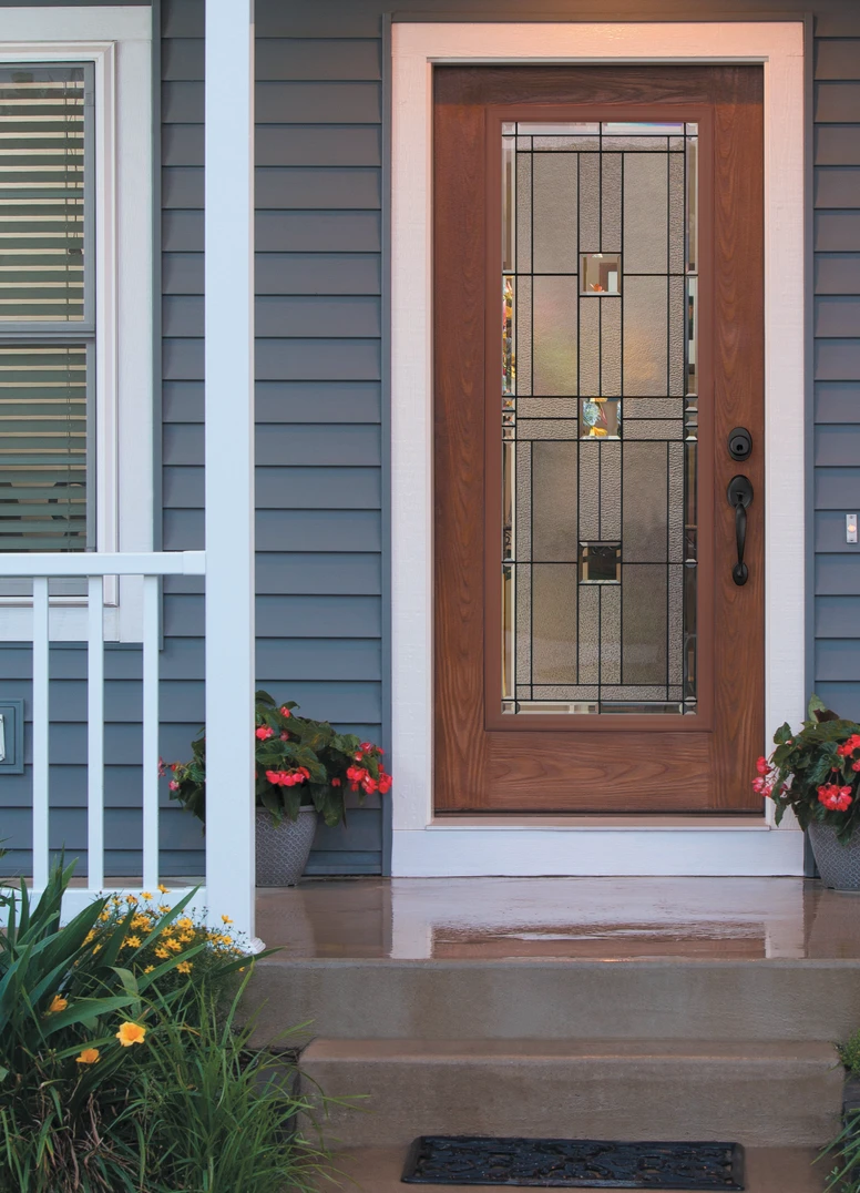FULL LITE DOOR IN OAK GRAIN / NATURAL OAK WITH MONTEREY GLASS. PLYMOUTH HANDLESET AND DEADBOLT IN Aged Bronze. FULL LITE DOOR IN OAK GRAIN / NATURAL OAK WITH MONTEREY GLASS. PLYMOUTH HANDLESET AND DEADBOLT IN Aged Bronze.