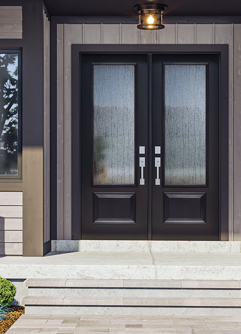 1 PANEL 3/4 LITE DOUBLE DOOR IN SMOOTH / BLACK WITH MISTIFY GLASS. CENTURY HANDLESET AND DEADBOLT IN BRIGHT CHROME. 1 PANEL 3/4 LITE DOUBLE DOOR IN SMOOTH / BLACK WITH MISTIFY GLASS. CENTURY HANDLESET AND DEADBOLT IN BRIGHT CHROME.