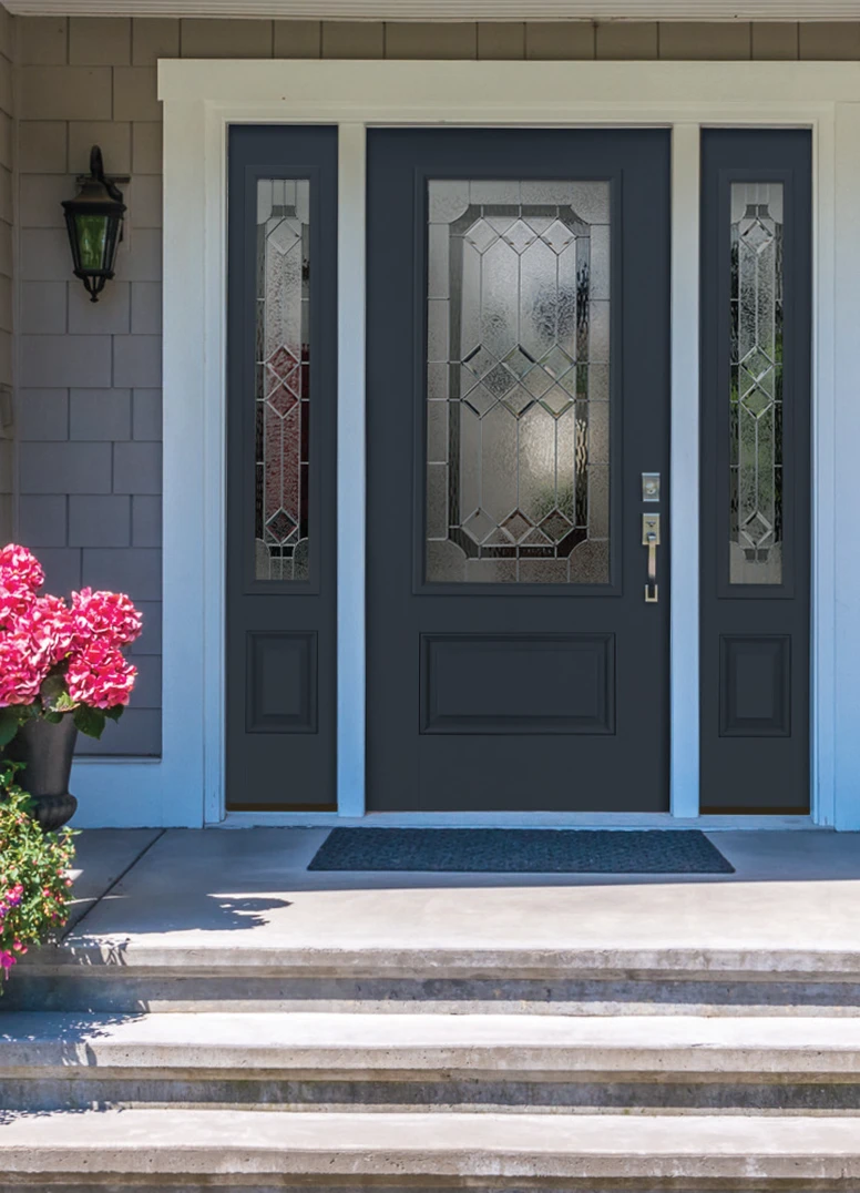1 PANEL 3/4 LITE DOOR and 3/4 SIDELITES IN SMOOTH / CUSTOM GRAY WITH MAJESTIC GLASS. CENTURY HANDLESET AND DEADBOLT IN BRIGHT CHrome. 1 PANEL 3/4 LITE DOOR and 3/4 SIDELITES IN SMOOTH / CUSTOM GRAY WITH MAJESTIC GLASS. CENTURY HANDLESET AND DEADBOLT IN BRIGHT CHrome.