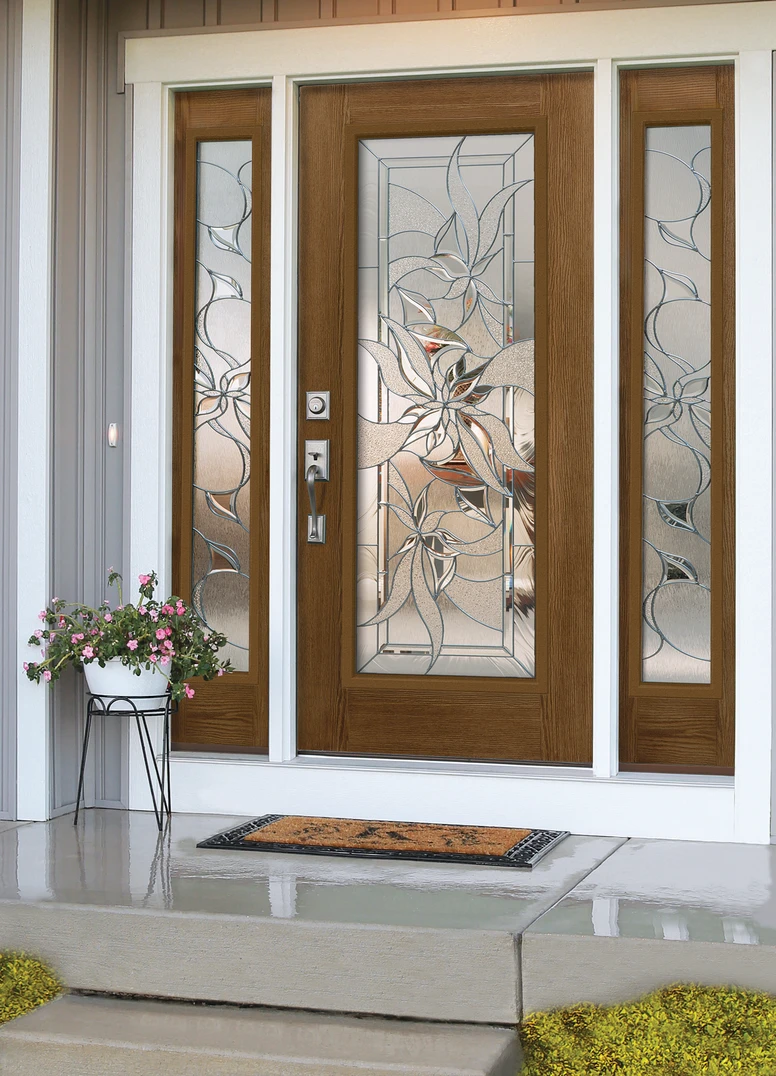 FULL LITE DOOR, FULL SIDELITES IN Oak FINISH WITH Impressions GLASS. Addison HaNdleset AND DEADBOLT IN Satin Nickel. FULL LITE DOOR, FULL SIDELITES IN Oak FINISH WITH Impressions GLASS. Addison HaNdleset AND DEADBOLT IN Satin Nickel.