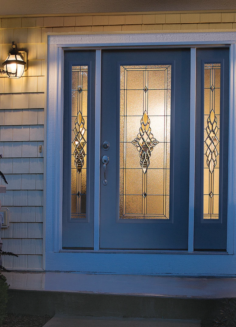 FULL LITE DOOR and FULL SIDELITES IN STILLWATER BLUE WITH GRACE GLASS. PLYMOUTH HANDLESET AND DEADBOLT IN BRIGHT CHOME. FULL LITE DOOR and FULL SIDELITES IN STILLWATER BLUE WITH GRACE GLASS. PLYMOUTH HANDLESET AND DEADBOLT IN BRIGHT CHOME.