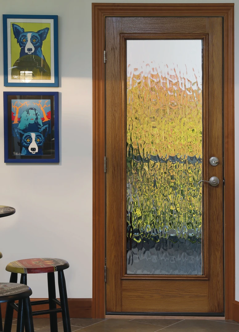 FULL LITE OAK GRAIN / NATURAL OAK DOOR WITH VAPOR PRIVACY GLASS. FLAIR HANDLE AND DEADBOLT IN SATIN NICKEL. FULL LITE OAK GRAIN / NATURAL OAK DOOR WITH VAPOR PRIVACY GLASS. FLAIR HANDLE AND DEADBOLT IN SATIN NICKEL.