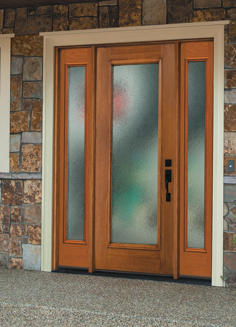 Full Lite Door and Full Sidelites in Oak Grain/Fine Oak with Obscure Privacy Glass. Addison handleset and deadbolt in Black. Full Lite Door and Full Sidelites in Oak Grain/Fine Oak with Obscure Privacy Glass. Addison handleset and deadbolt in Black.