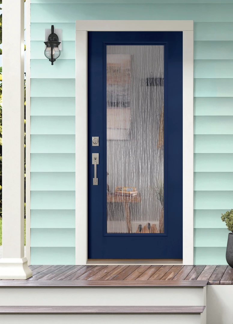 1 panel 3/4 lite door in ENZIAN BLUE with karma glass. century handleset and deadbolt in satin nickel. 1 panel 3/4 lite door in ENZIAN BLUE with karma glass. century handleset and deadbolt in satin nickel.