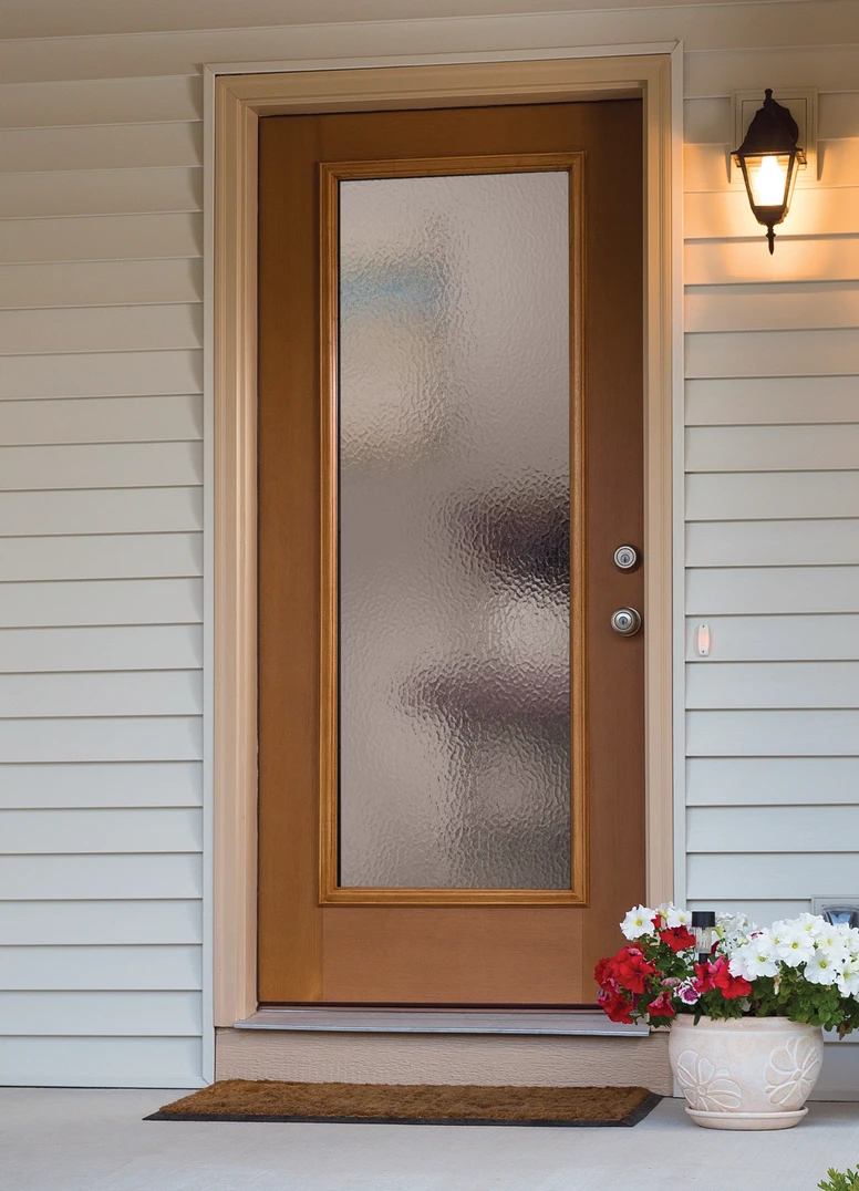 FULL LITE DOOR IN OAK GRAIN / NATURAL OAK WITH CUMULUS PRIVACY GLASS. GEORGIAN KNOB AND DEADBOLT IN SATIN NICKEL. FULL LITE DOOR IN OAK GRAIN / NATURAL OAK WITH CUMULUS PRIVACY GLASS. GEORGIAN KNOB AND DEADBOLT IN SATIN NICKEL.