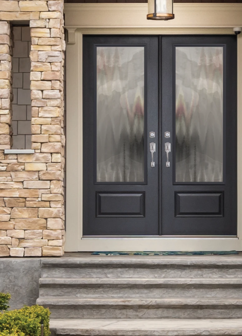 1 PANEL 3/4 LITE DOUBLE DOORS IN SMOOTH / BLACK WITH CHINCHILLA PRIVACY GLASS. CAMELOT HANDLESET AND DEADBOLT IN SATIN NICKEL. 1 PANEL 3/4 LITE DOUBLE DOORS IN SMOOTH / BLACK WITH CHINCHILLA PRIVACY GLASS. CAMELOT HANDLESET AND DEADBOLT IN SATIN NICKEL.