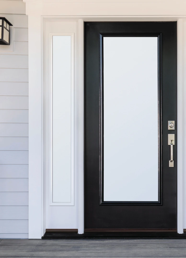 privacy-_0006_blanca FULL LITE DOOR IN SMOOTH / BLACK WITH FULL LITE SIDELITES IN SMOOTH / WHITE WITH BLANCA PRIVACY GLASS. CENTURY HANDLESET IN SATIN NICKEL.